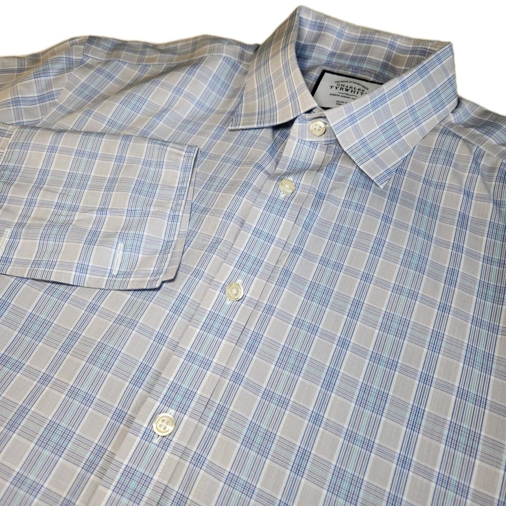 CHARLES TYRWHITT French Cuffs Dress Shirt Mens 16/36 Slim Gray Blue Plaid Cotton